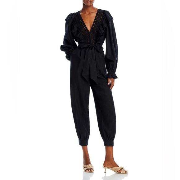 FARM Rio Pants - Farm Rio Black Lace Ruffle Long Sleeve V-Neck Jumpsuit Size XS
